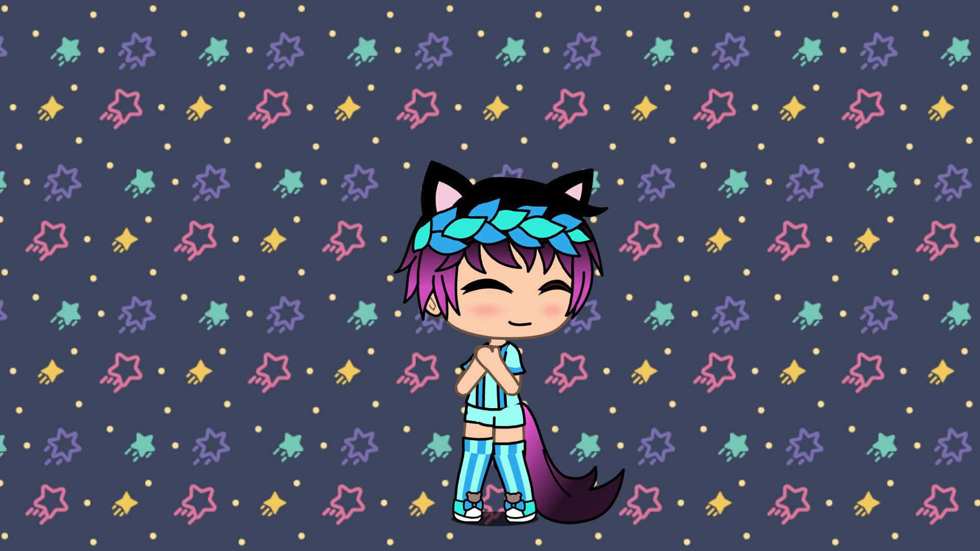 時尚Gacha Life男孩 壁紙 — 一個擁有紫色頭髮和貓耳的可愛動漫角色，在充滿彩色星星和點點的黑暗背景前微笑站立。
