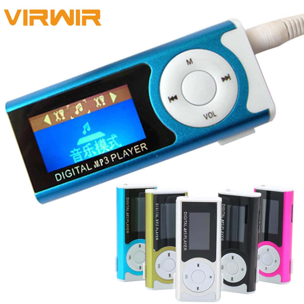 時尚MP3播放器於純色背景 壁紙 — 一部藍色Virwir數碼MP3播放器，帶屏幕和控件，顯示在白色背景上的其他五種顏色變體之上。