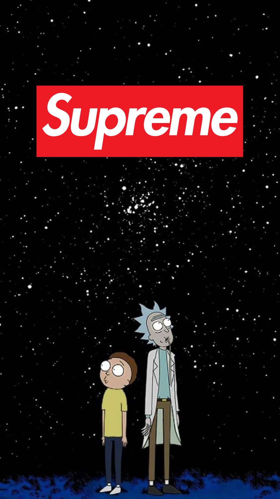 瑞克和莫蒂角色在Supreme標誌下，背景是星空。