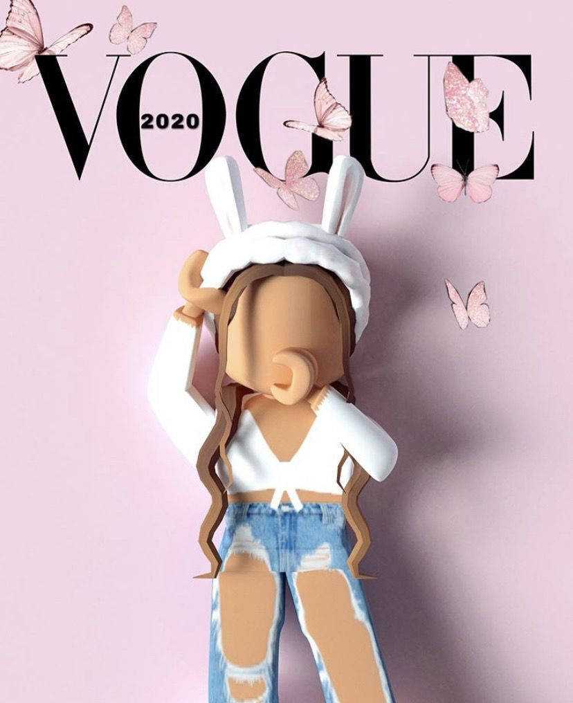 時尚Roblox女孩 Vogue封面 壁紙 — 一個Roblox風格嘅頭像，戴住兔仔耳同爛牛仔褲，喺粉紅色Vogue 2020封面前面擺甫士，周圍有蝴蝶飛舞。