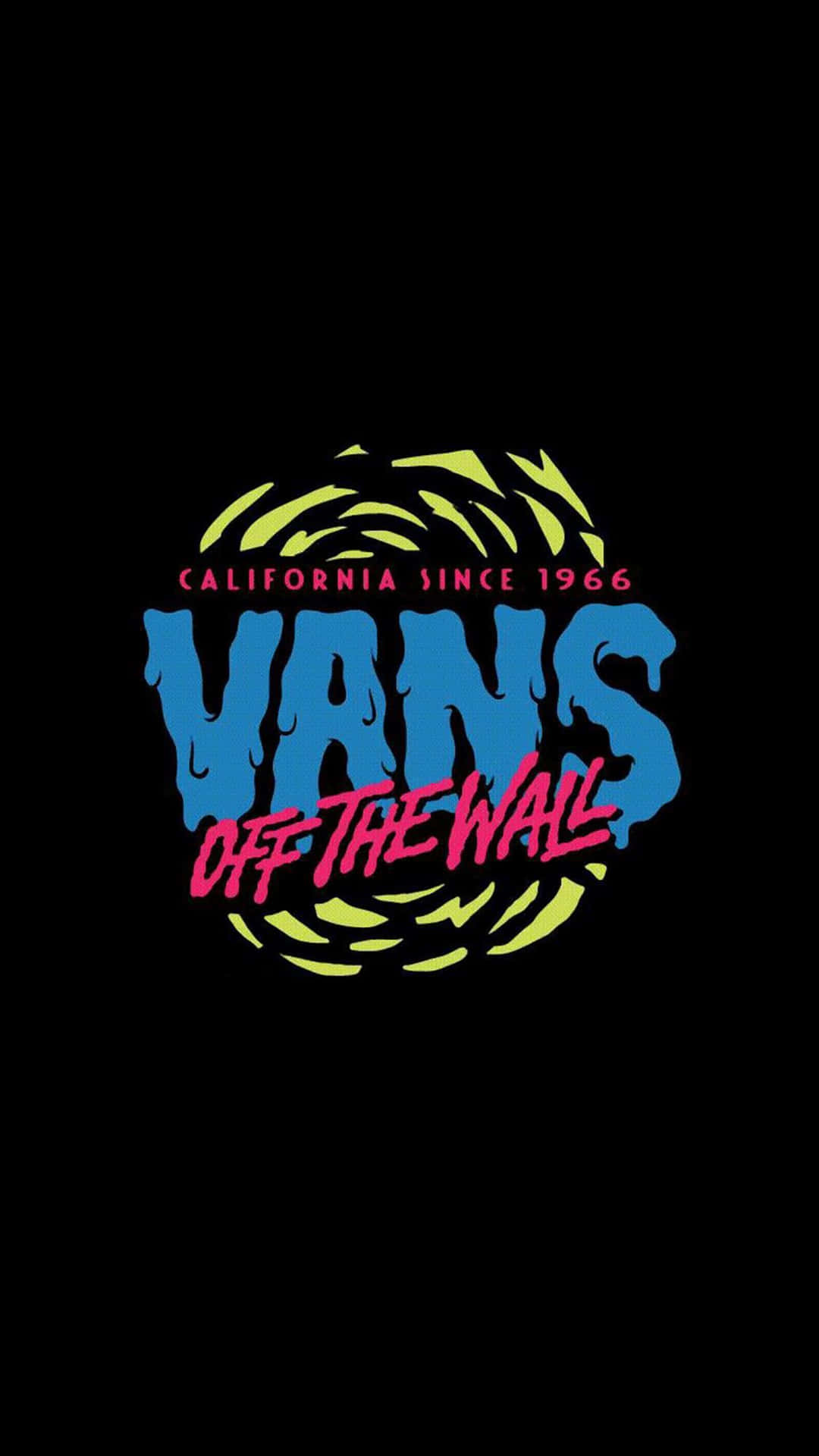 Vans Off The Wall標誌，帶有滴落的藍色和霓虹黃色文字，背景為黑色。