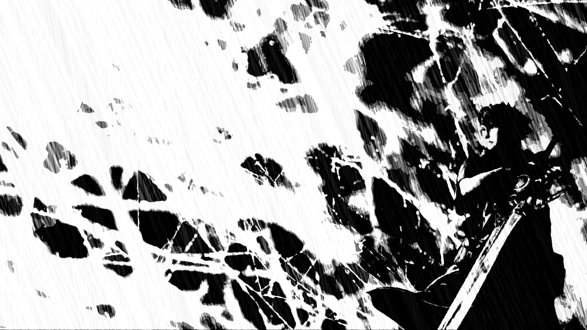 黑白動漫戰士在碎玻璃和暴雨中。