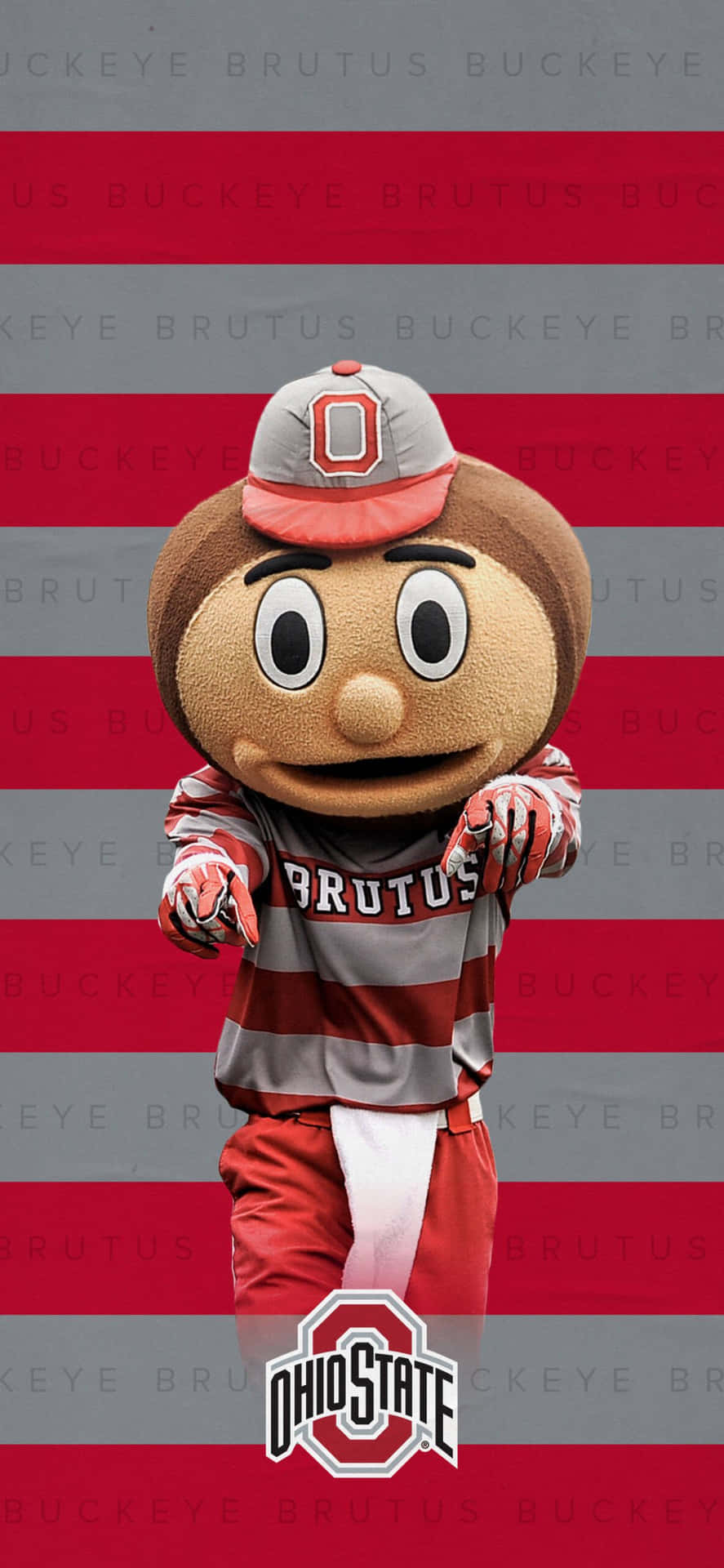 俄亥俄州立大學 Brutus Buckeye 吉祥物，身穿紅灰制服，帶有球隊標誌。