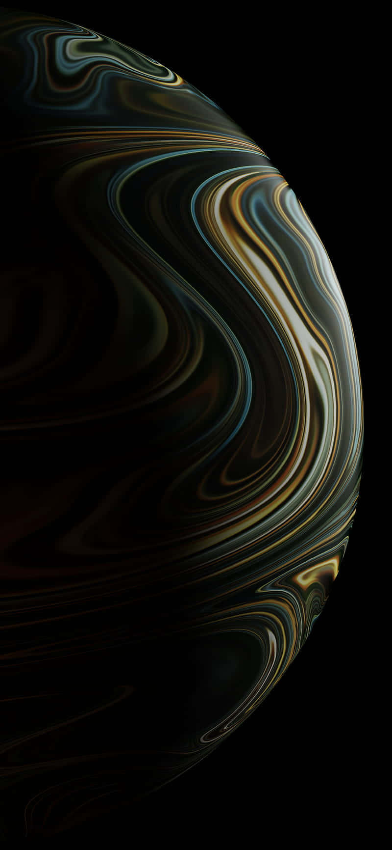時尚優雅的 iPhone 11 Pro 黑色版 壁紙 — 一個旋轉的抽象球體，帶有金屬金色、藍綠色和黑色絲帶，背景為虛空。