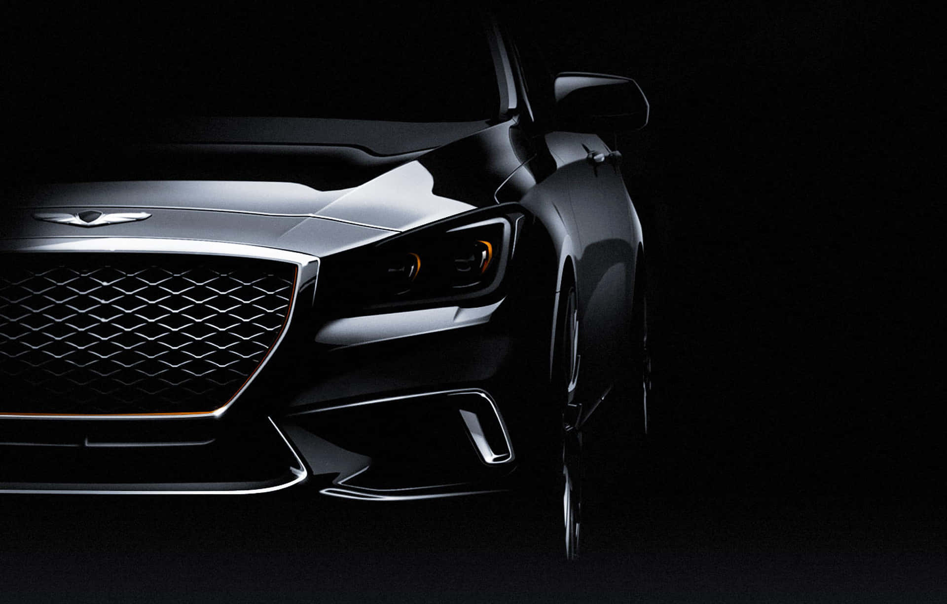 時尚優雅的Genesis G80展現風采 壁紙 — 一部時尚黑色豪華車的前臉在漆黑的攝影棚背景下散發出琥珀色頭燈的光芒。