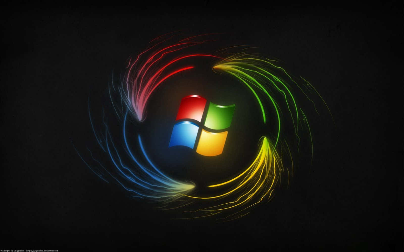 Windows 標誌在黑色背景上被彩色發光光跡環繞。