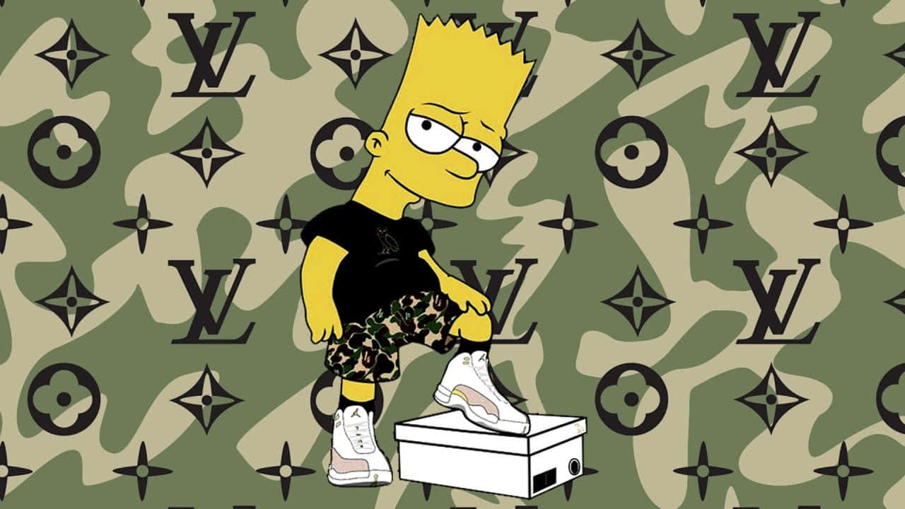 時尚前衛的 Hypebeast 壁紙 — 巴特·辛普森身穿黑色T恤和圖案短褲，站在一個白色鞋盒上，背景是迷彩路易威登字母組合圖案。