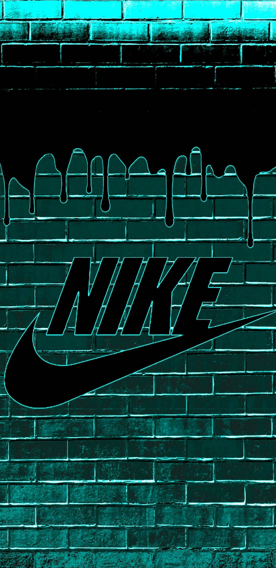 黑色Nike標誌沿著青綠色磚牆滴落。