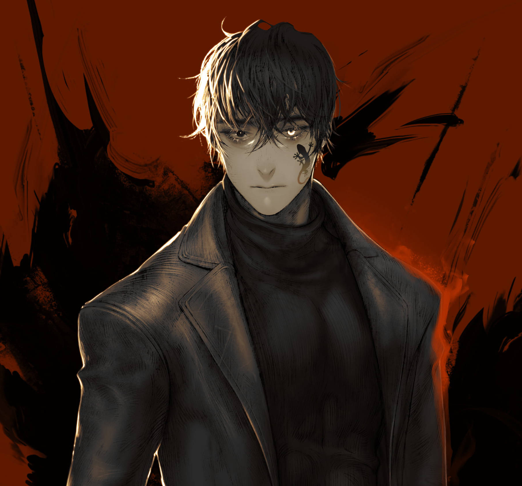 動漫男人穿皮夾克，火熱橙色背景