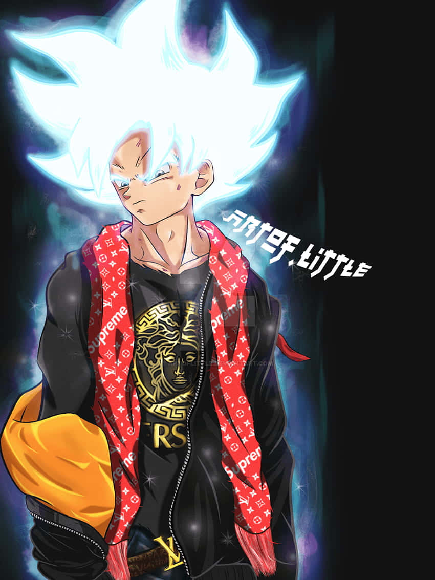 動漫戰士擁有發光的藍色頭髮，穿著奢華街頭服飾，背景是黑暗的宇宙。