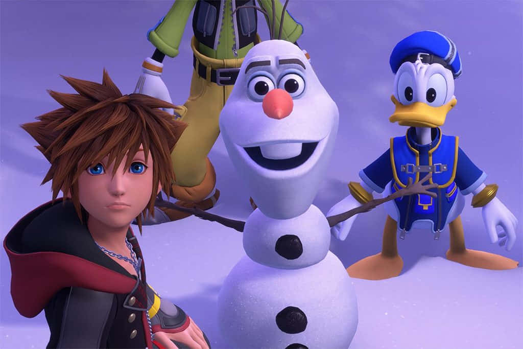 Kingdom Hearts Characters 桌布 壁紙 — 時尚動畫角色，包括雪人、鴨子和男孩，一起站在雪景中。