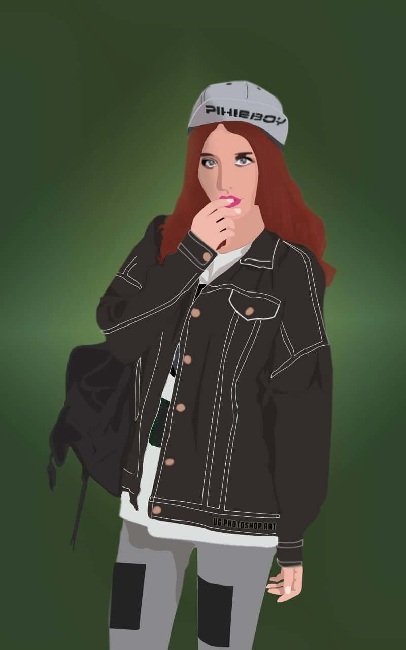 時尚卡通女性 iPhone 壁紙 — 一個風格化的插圖，描繪一位紅髮年輕女性穿著帽子外套和背包，背景為綠色漸變色。