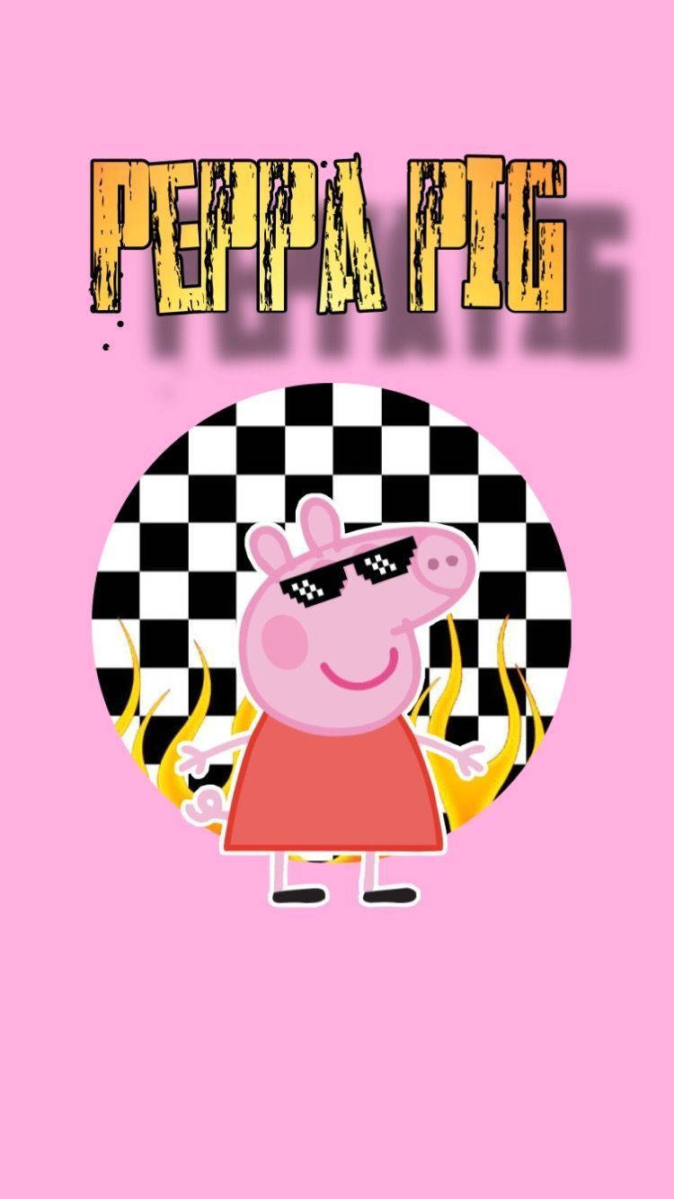 Peppa Pig 戴太陽眼鏡，身後有火焰，背景粉紅色。