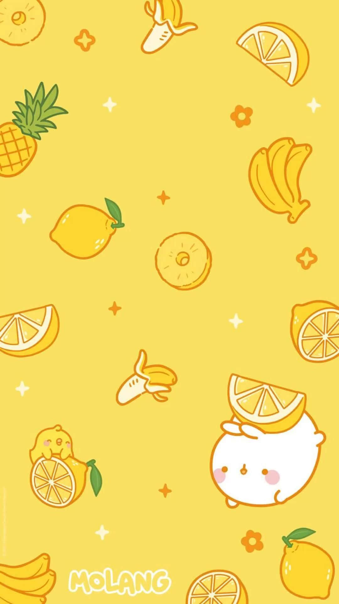 黃色背景上的可愛卡通水果和 Molang 角色。