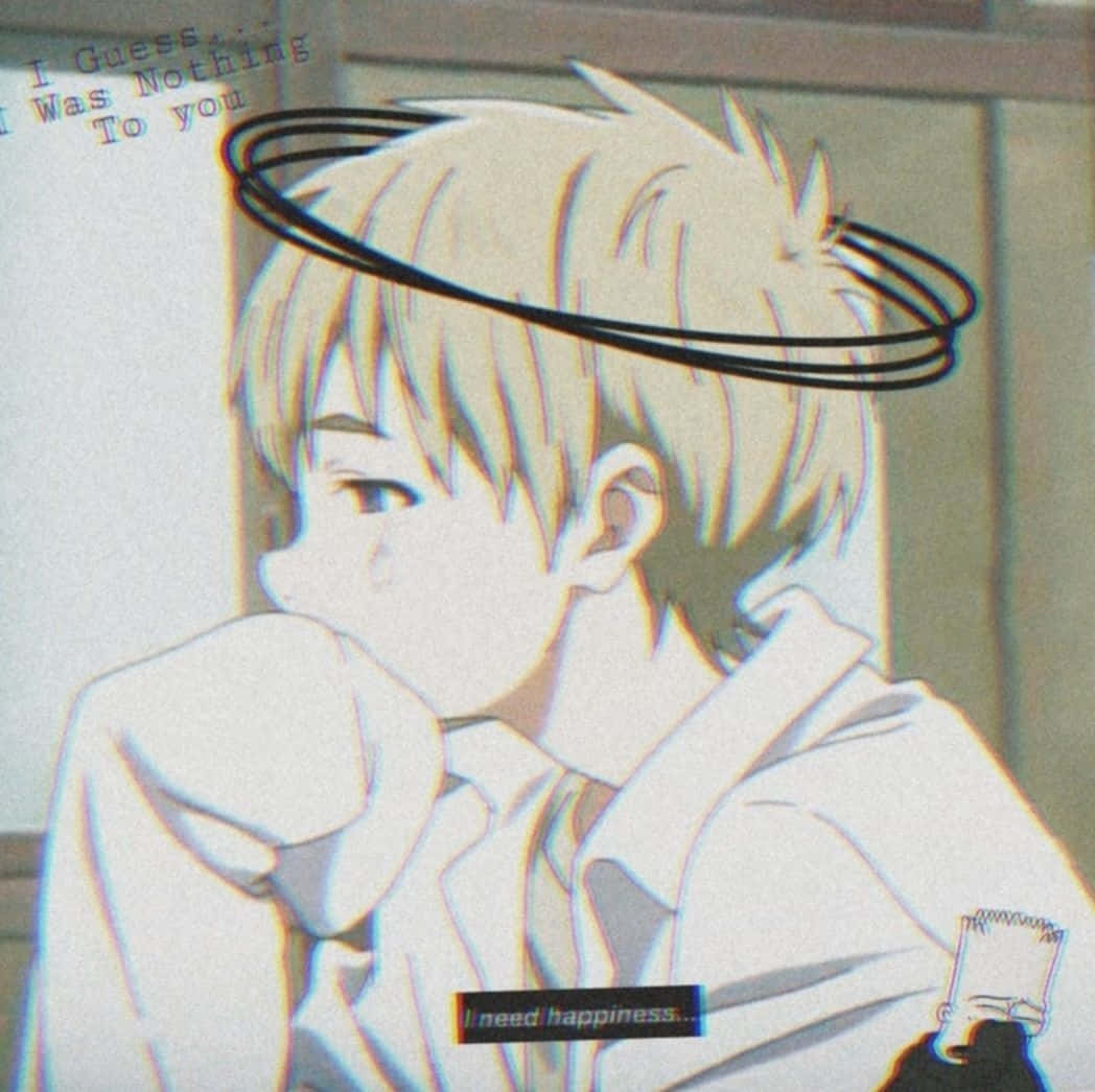 時尚可愛的動漫風格男孩 壁紙 — 一個憂鬱的動漫男孩，金髮，頭上有光環，低垂著目光，抓著頭，文字寫著「我需要幸福。」