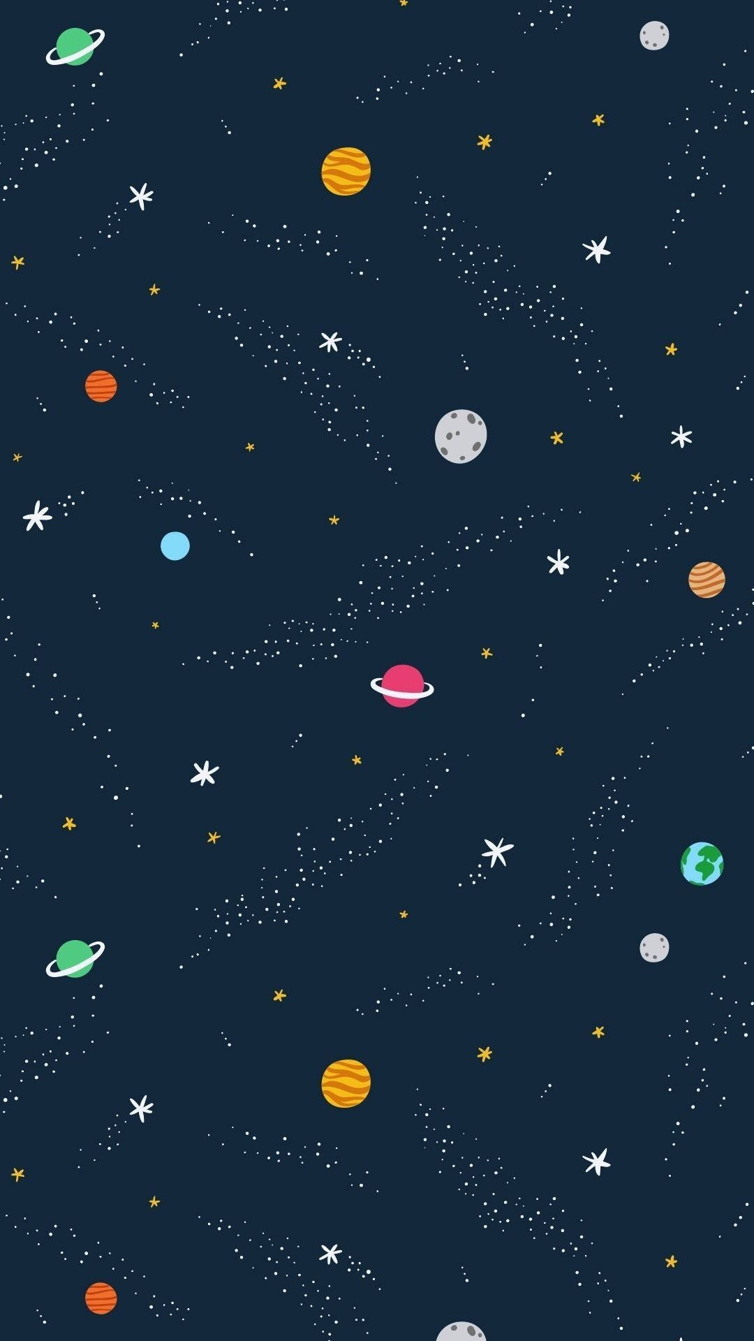 時尚太空 doodle 壁紙 — 一個充滿玩味的卡通星系，在深海軍藍背景上有色彩繽紛的行星、星星和宇宙塵埃。