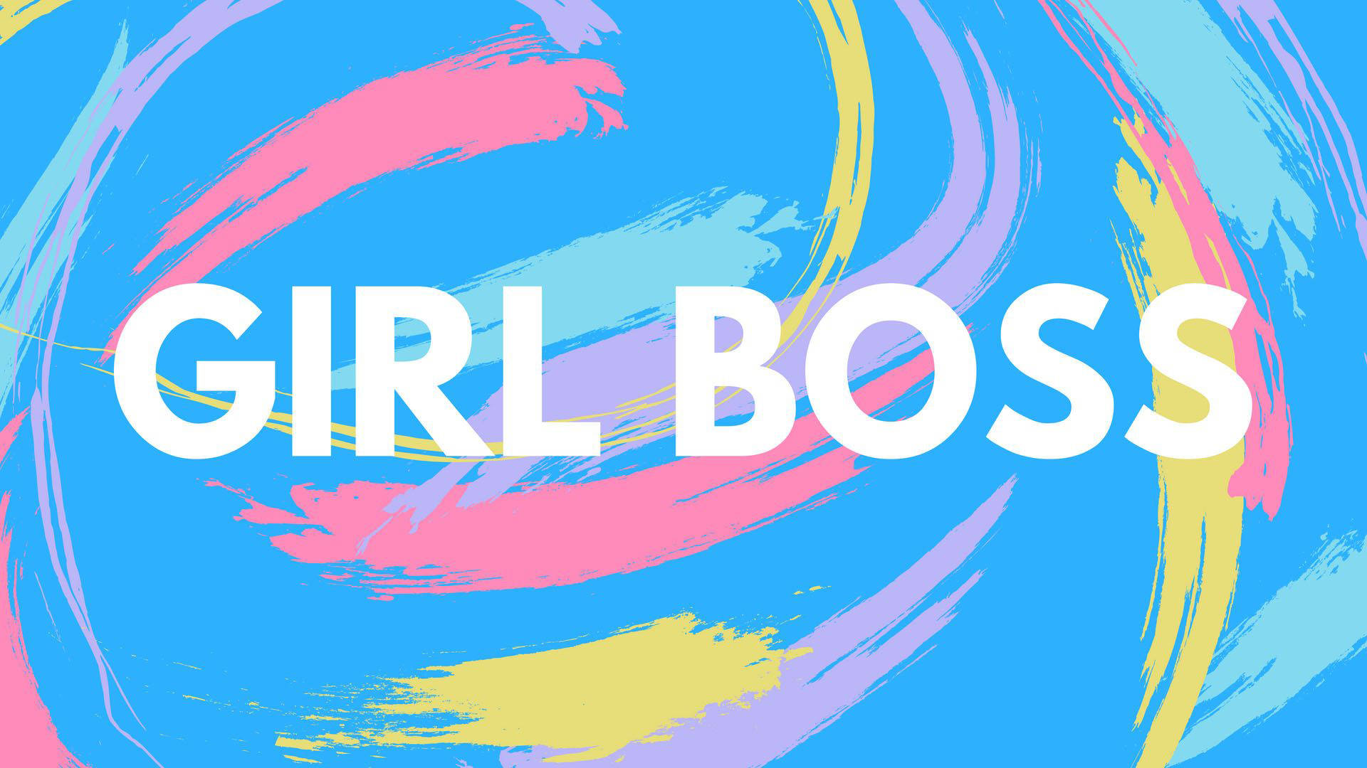 時尚女企業家辦公室 壁紙 — 大膽的白色 'GIRL BOSS' 文字在旋轉的藍色、粉紅色和黃色筆觸的充滿活力的抽象背景上脫穎而出。
