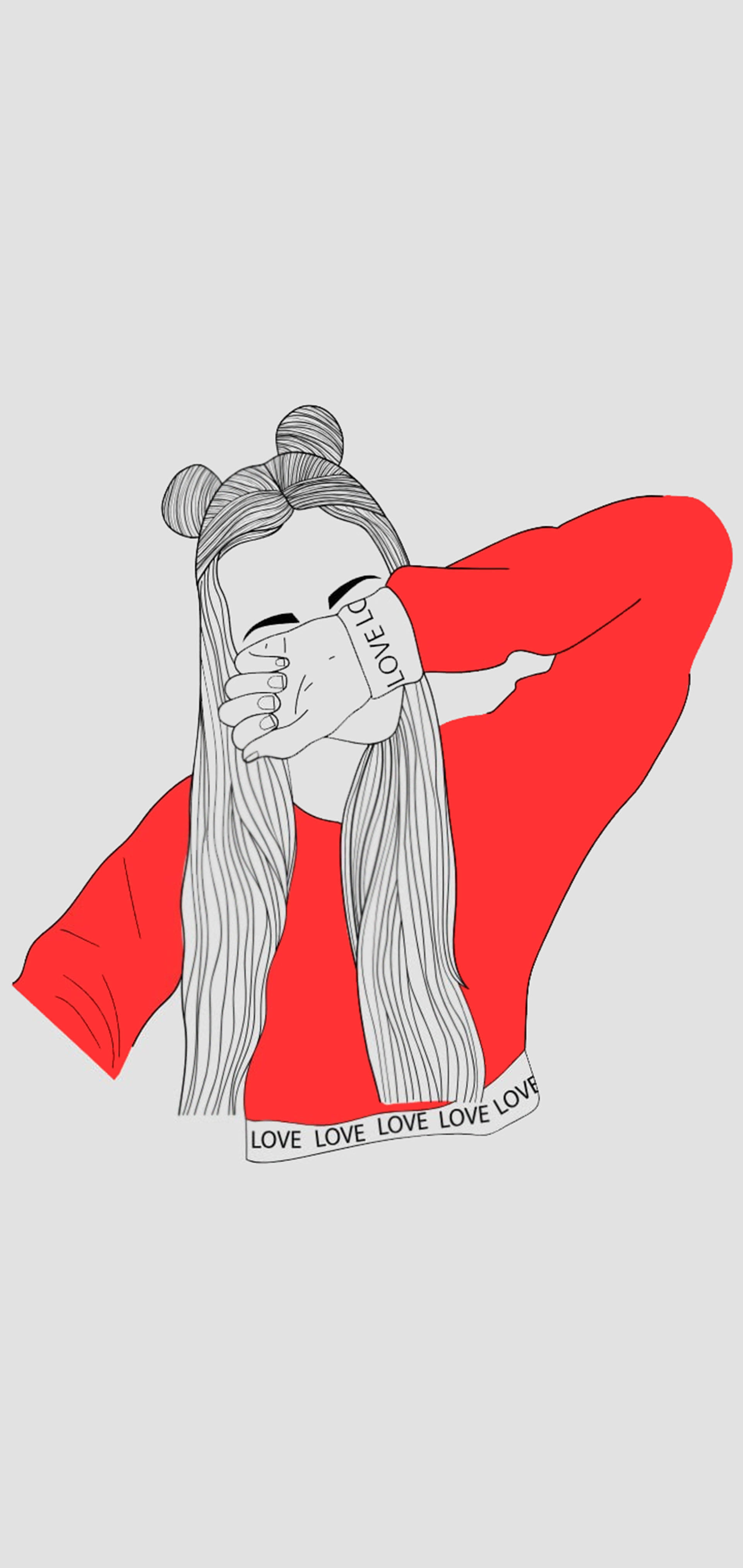 時尚女孩傷感畫作 壁紙 — 一個風格化的女孩穿著紅色連帽衫，手持寫有'LOVE'的杯子，同時用手遮住臉。
