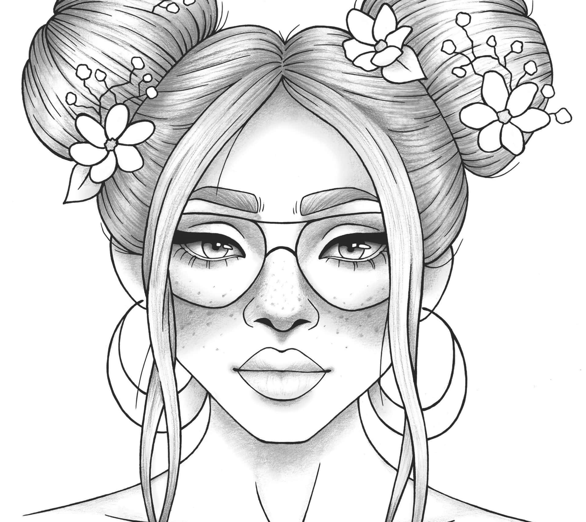 一個戴眼鏡和花卉髮髻的女性的黑白插圖。