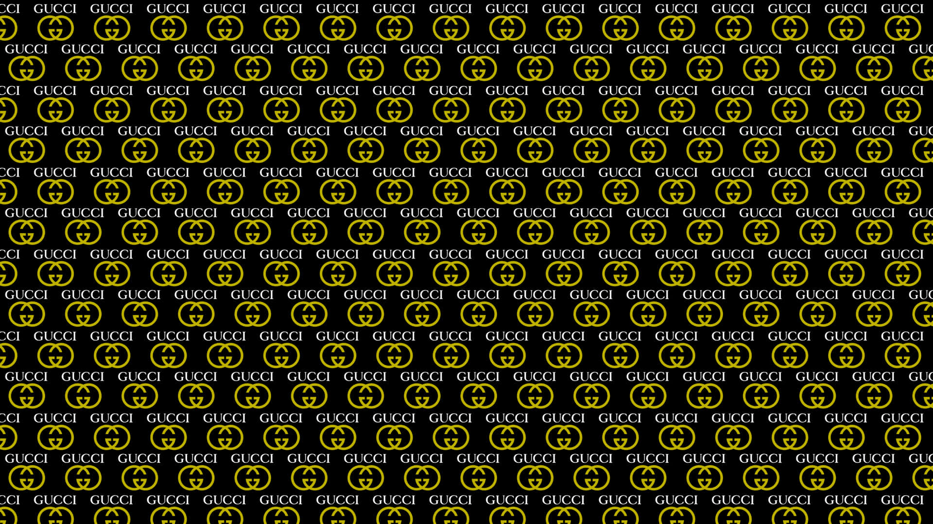 黑色背景上以網格圖案重複的金色 Gucci 標誌。