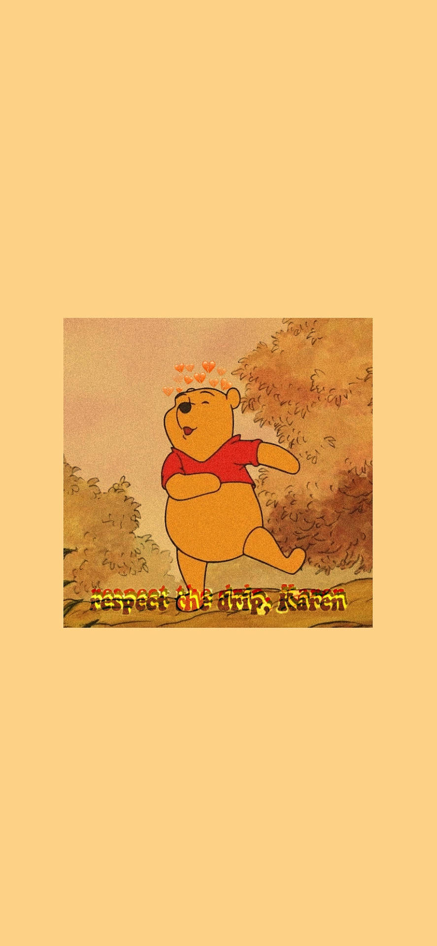 小熊維尼在秋季環境中頭上有心形圖案跳舞。