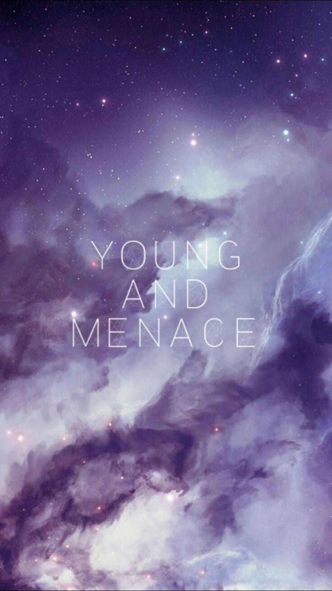 文字 young and menace 覆蓋在紫色和藍色的宇宙星雲上，伴有星星。