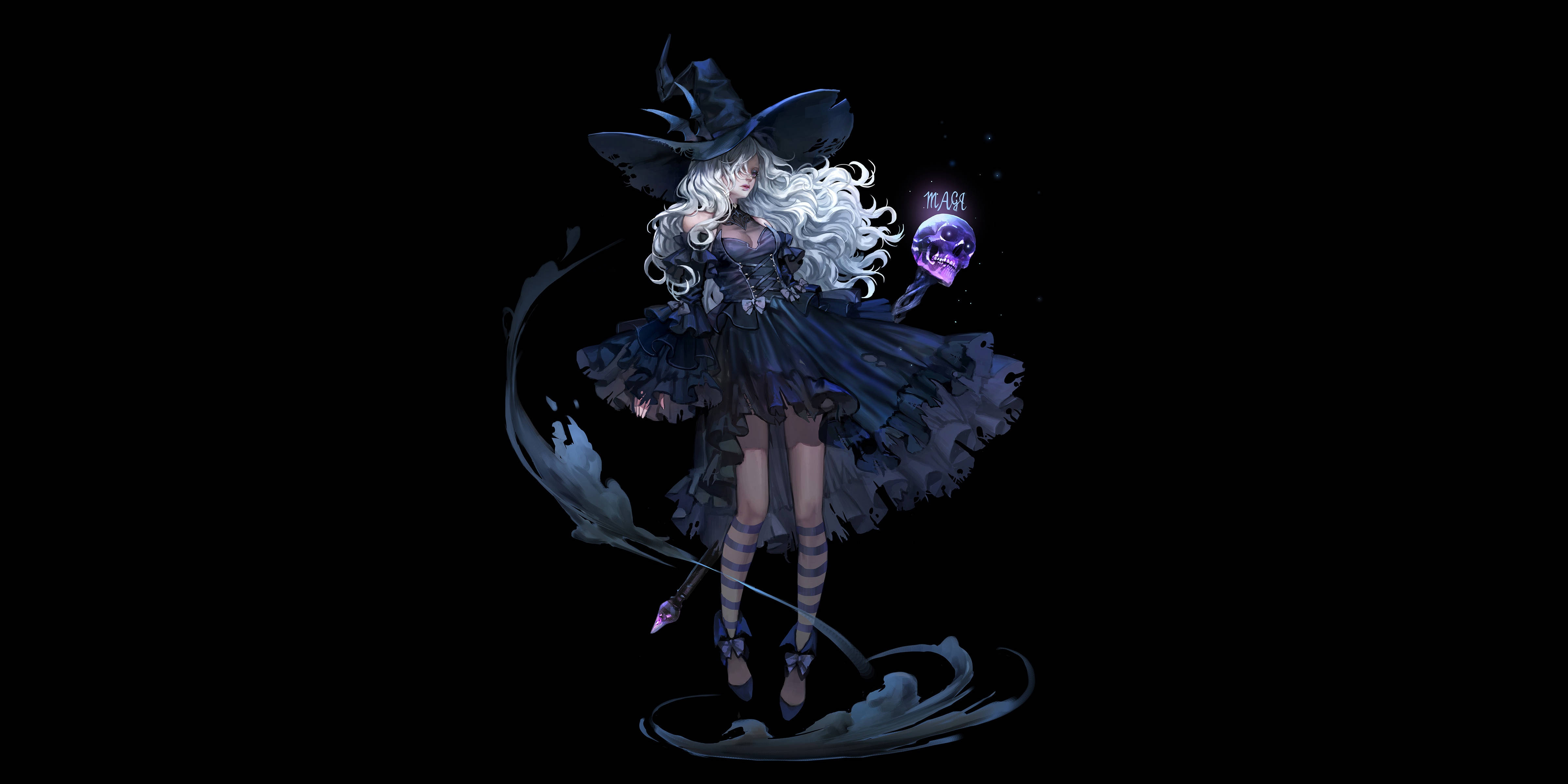 時尚巫女 壁紙 — 一個風格化的動漫女巫，擁有飄逸的白髮和黑色荷葉邊連衣裙，在黑暗虛空中施展發光的紫色咒語。