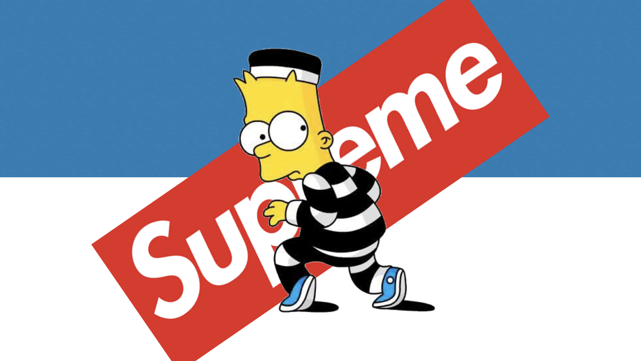 時尚巴特·辛普森 Supreme 壁紙 — 巴特·辛普森穿著條紋監獄服，在藍白背景下跑過一個巨大的紅色Supreme標誌。