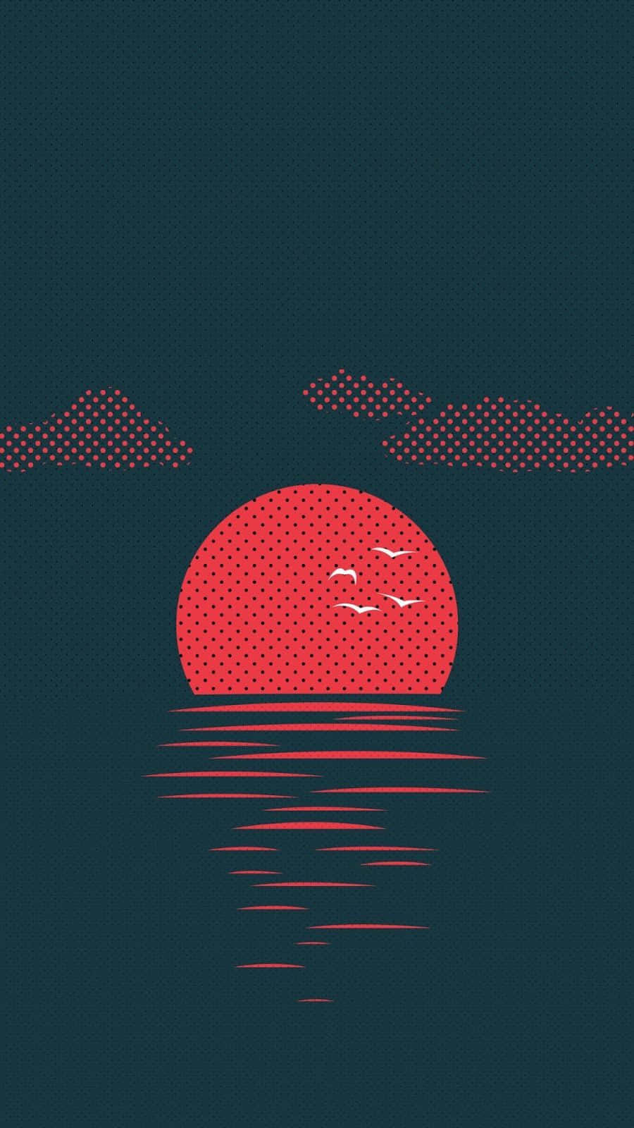 時尚抽象手機壁紙 壁紙 — 一個風格化的紅太陽帶有圓點圖案，在深藍綠色水面上落下，有飛鳥和點狀雲。