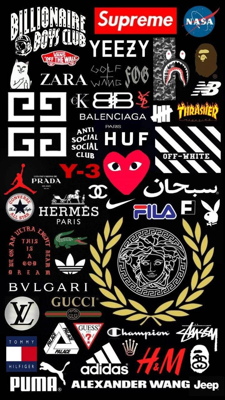 Wallpaper 包含密集嘅時尚同街頭服飾品牌標誌，配有金色月桂花環。