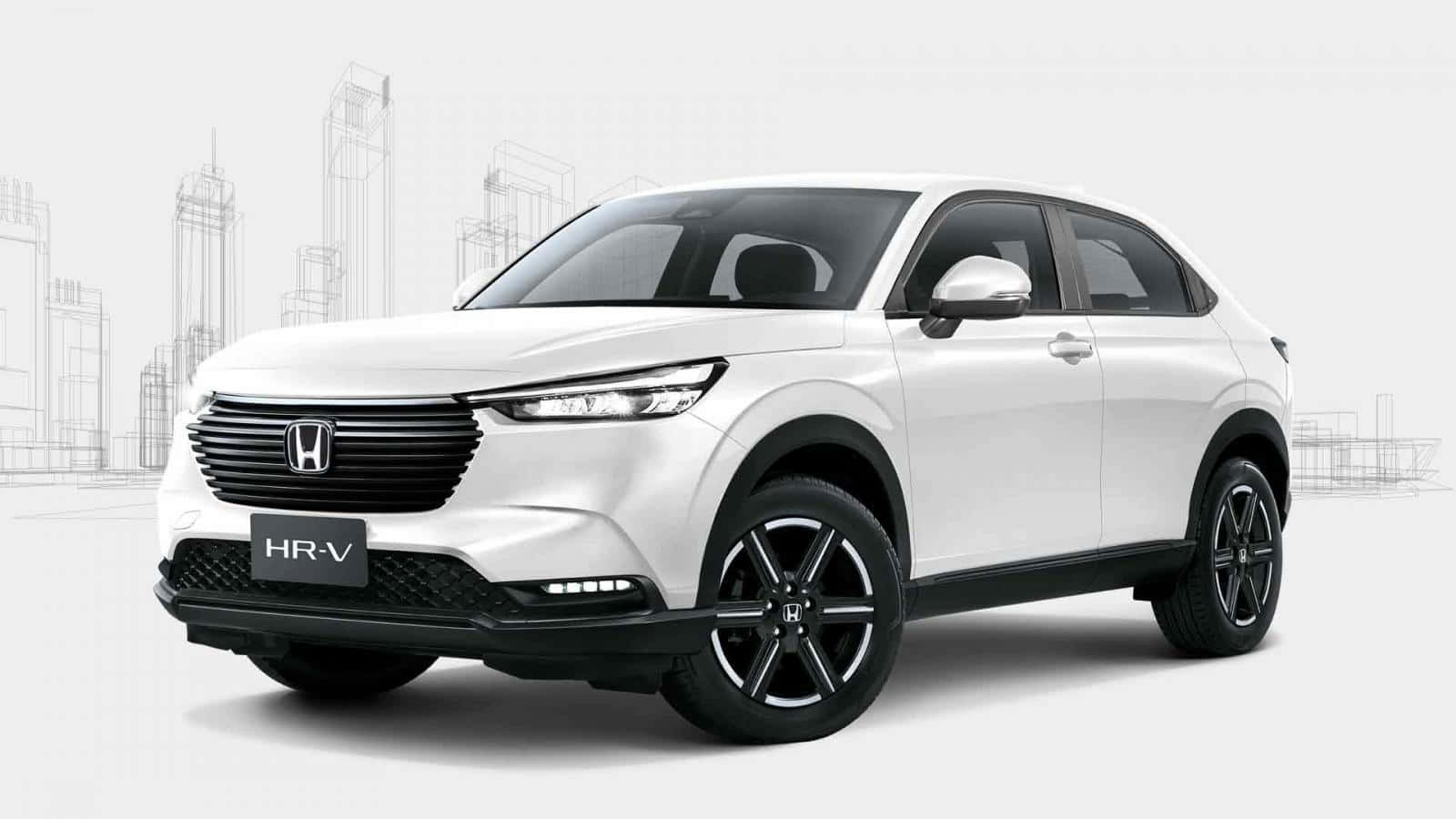 時尚本田HR-V跨界車行駛於公路 壁紙 — 時尚白色本田 HR-V SUV 在極簡背景中展示，帶有淡淡的建築草圖。
