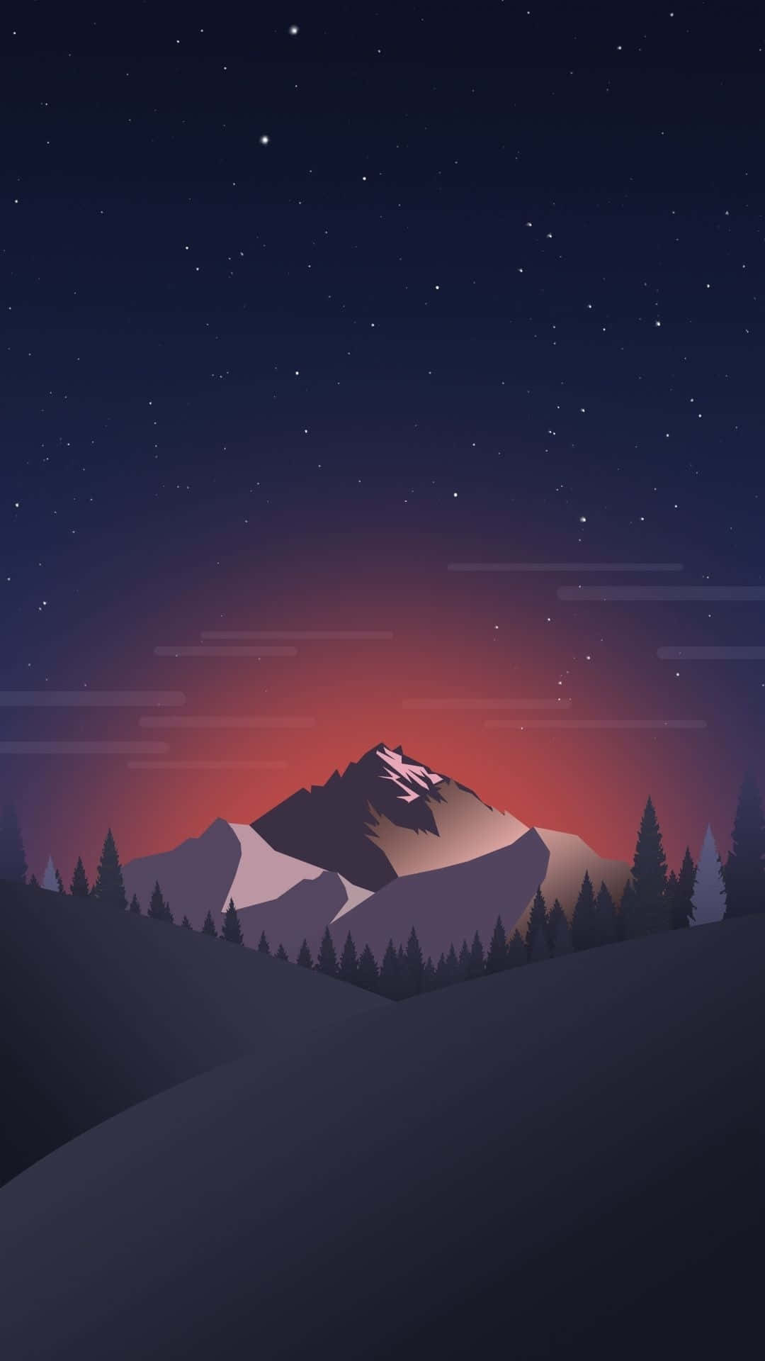 在繁星點點的夜空下的山脈，帶有紅色地平線和松樹。