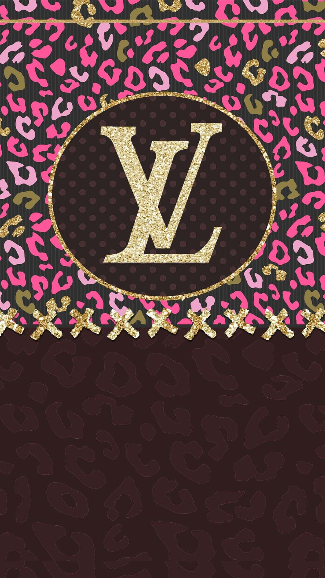 粉紅和金色豹紋壁紙，帶有閃閃發光的LV標誌。