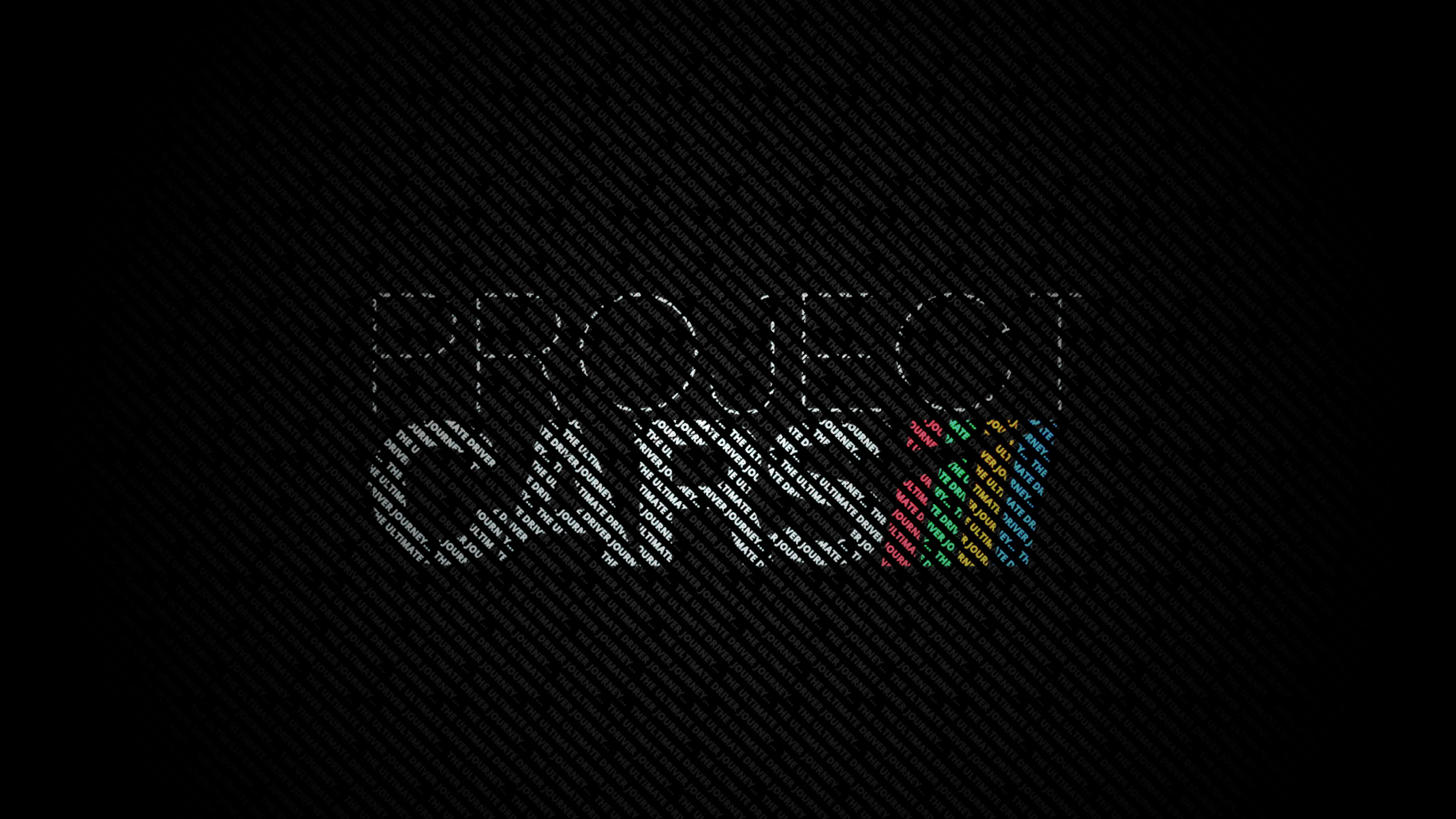 時尚流線型賽車，4K 高清畫質 壁紙 — 「PROJECT」一詞由白色代碼文字在黑色斜紋背景上形成，並在「O」上帶有彩色彩虹強調。