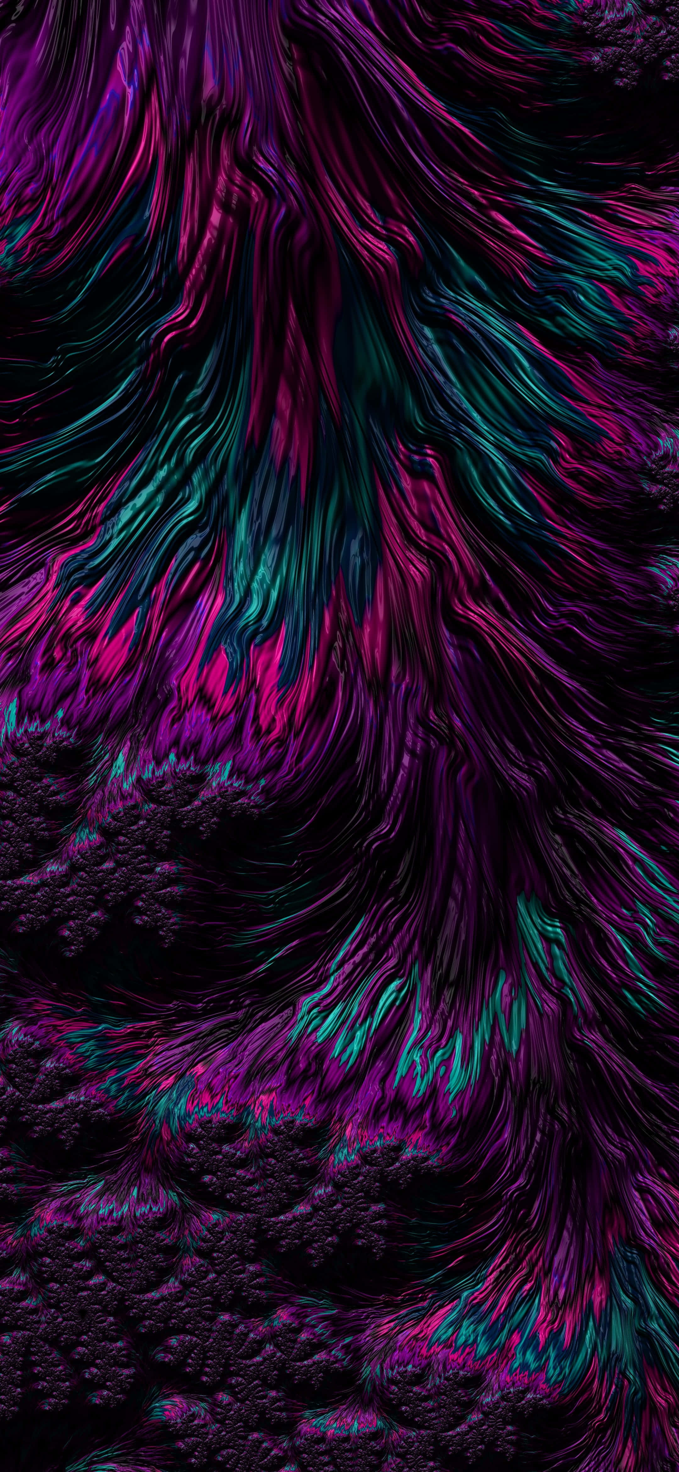 時尚深紫色抽象iPhone背景 壁紙 — 充滿活力的霓虹紫色和藍綠色分形卷鬚在深黑色背景上動態旋轉。