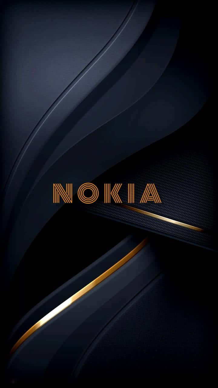 Nokia 桌布 壁紙 — 時尚深藍色抽象牆紙，配以金色線條和置中的Nokia標誌，採用溫暖金屬字體。