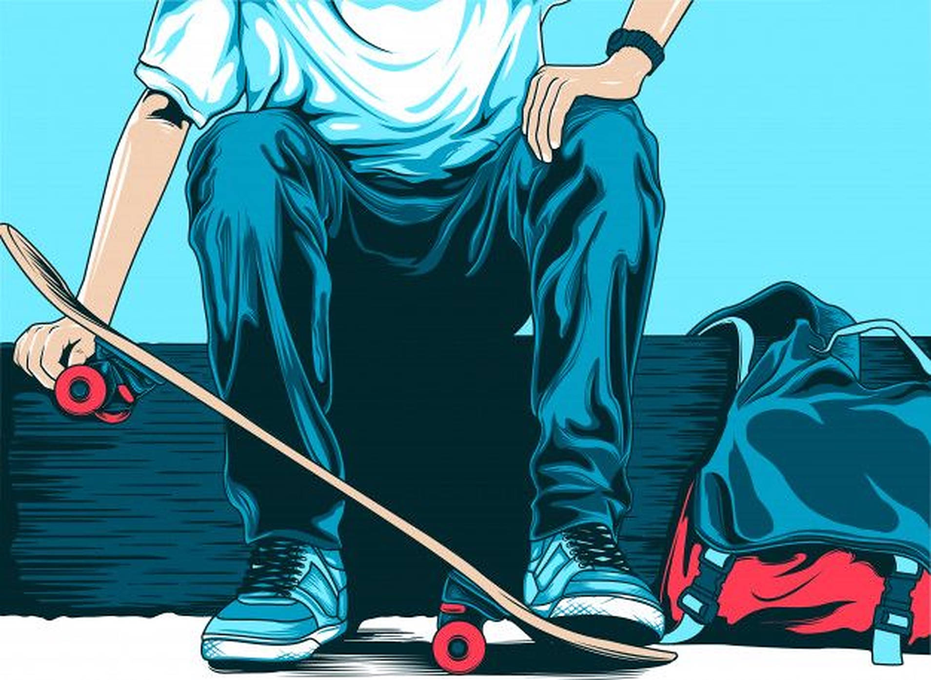 時尚滑板男孩向量藝術 壁紙 — 一個風格化的插圖，描繪一名滑板手坐在明亮的藍色背景前，帶著滑板和背包。