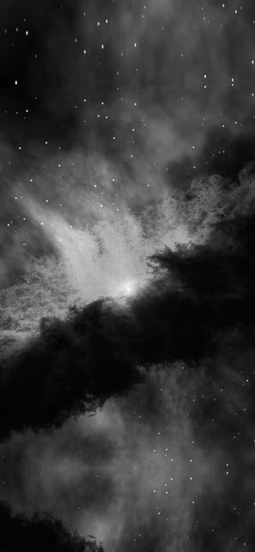 在黑白太空場景中，星星穿過宇宙塵埃和星雲閃耀。