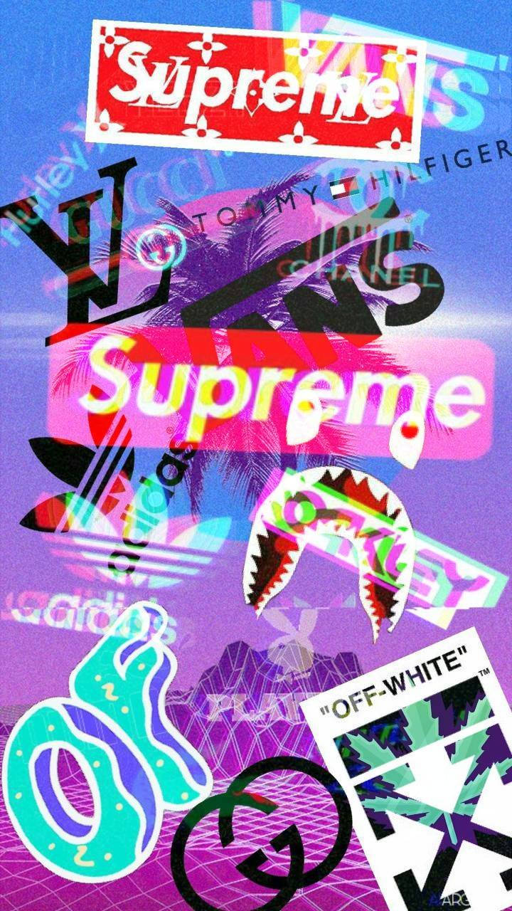 霓虹色拼貼，包含 Supreme、Adidas、LV 和 Off-White 標誌，帶有塗鴉元素。