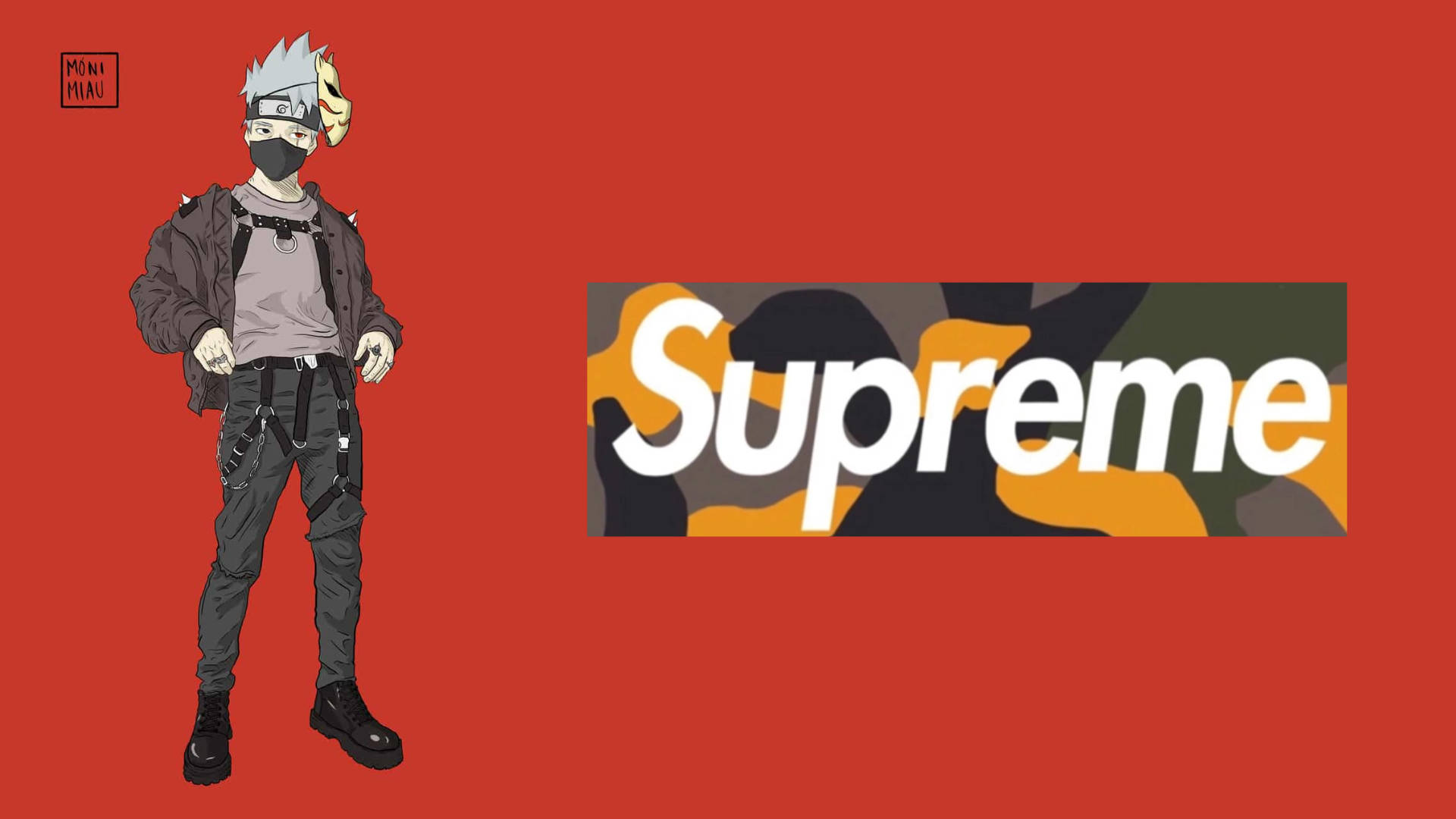 銀髮戴面具的動漫角色在紅色背景的Supreme標誌旁邊。