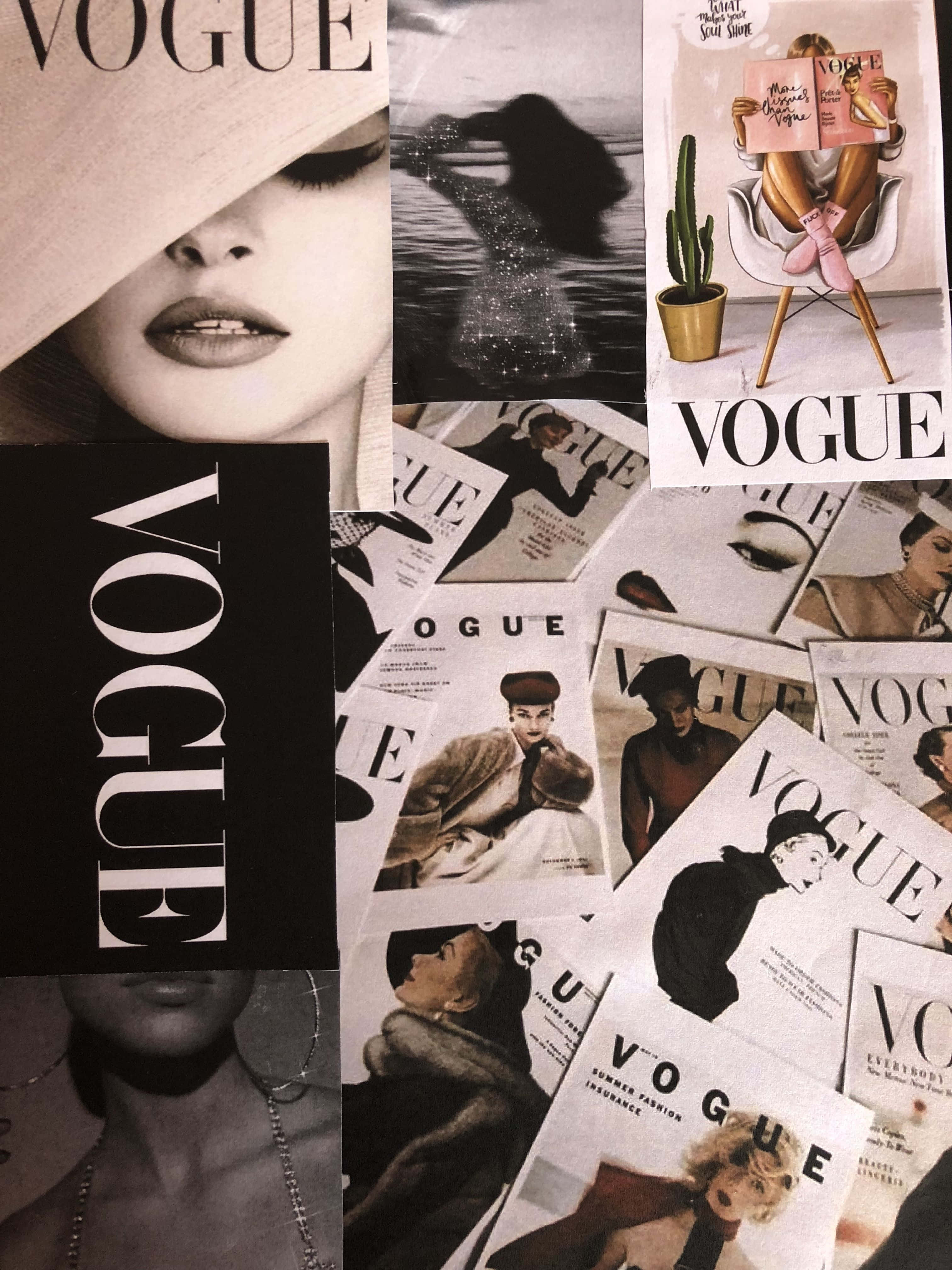 時尚潮流服裝的美麗集合 壁紙 — 復古Vogue雜誌封面的拼貼畫， featuring 華麗女性在時尚社論和編輯照片中。
