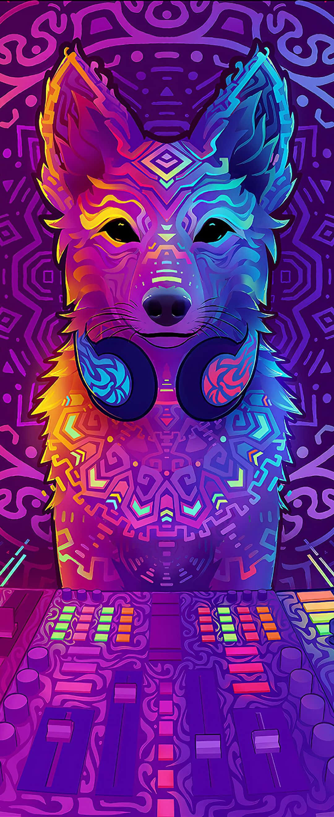 時尚熱帶風壁畫 壁紙 — 一幅充滿活力的數位插圖，描繪了一隻戴著耳機的狼，站在色彩繽紛的DJ混音器後面，背景是迷幻圖案。