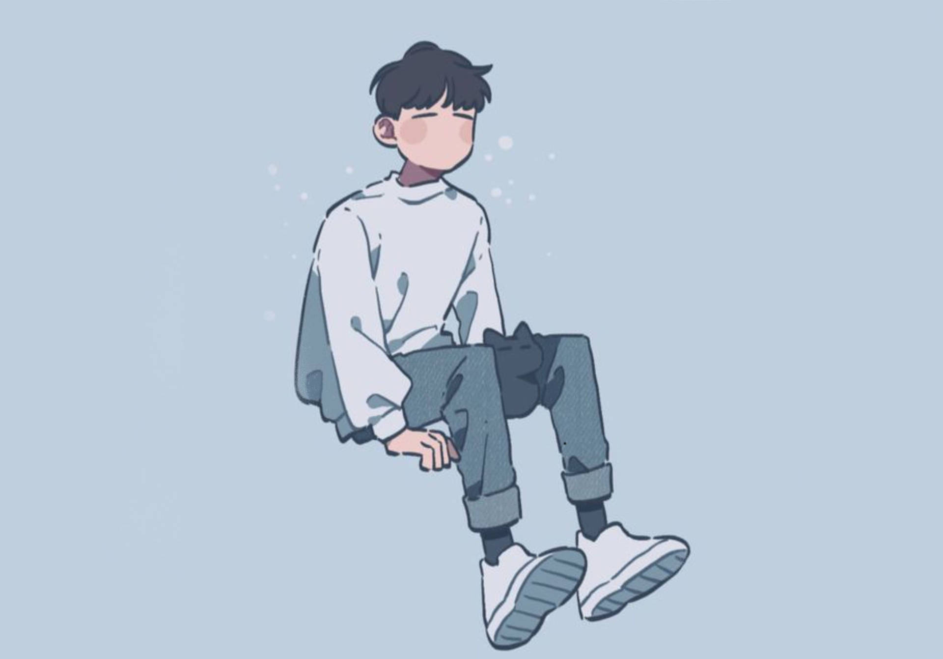 一位穿著休閒服的動漫風格男孩，周圍閃爍著光芒，平靜地漂浮著。