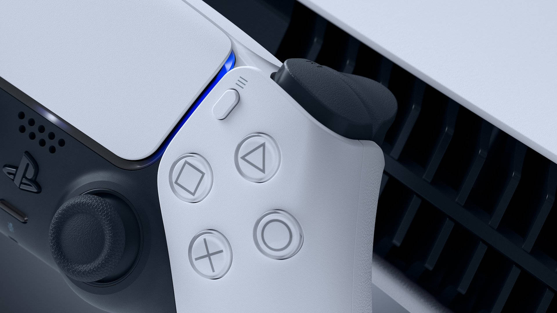 白色PlayStation 5手掣，藍色光喺主機散熱口旁邊。