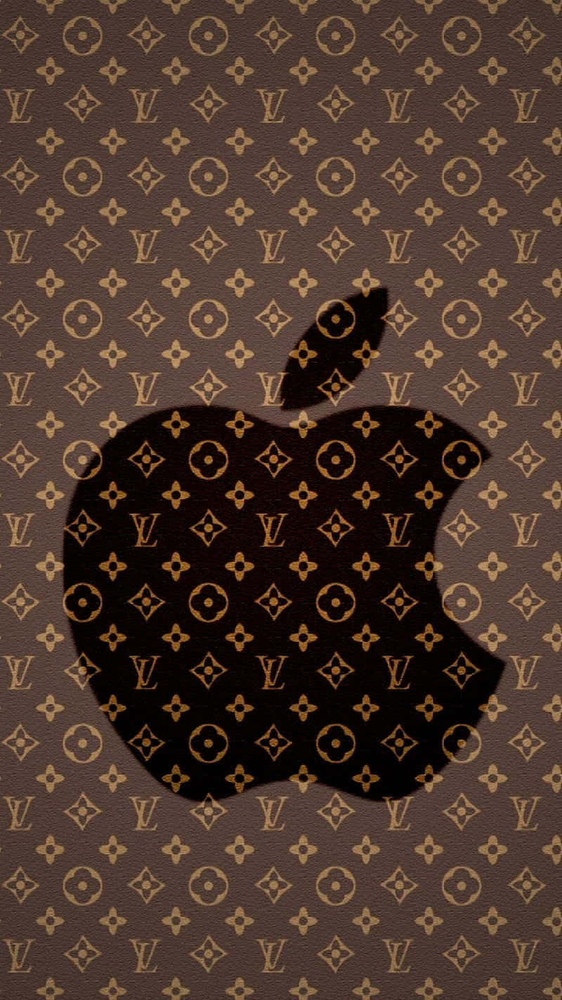 棕色Louis Vuitton字母圖案背景上的黑色Apple標誌。