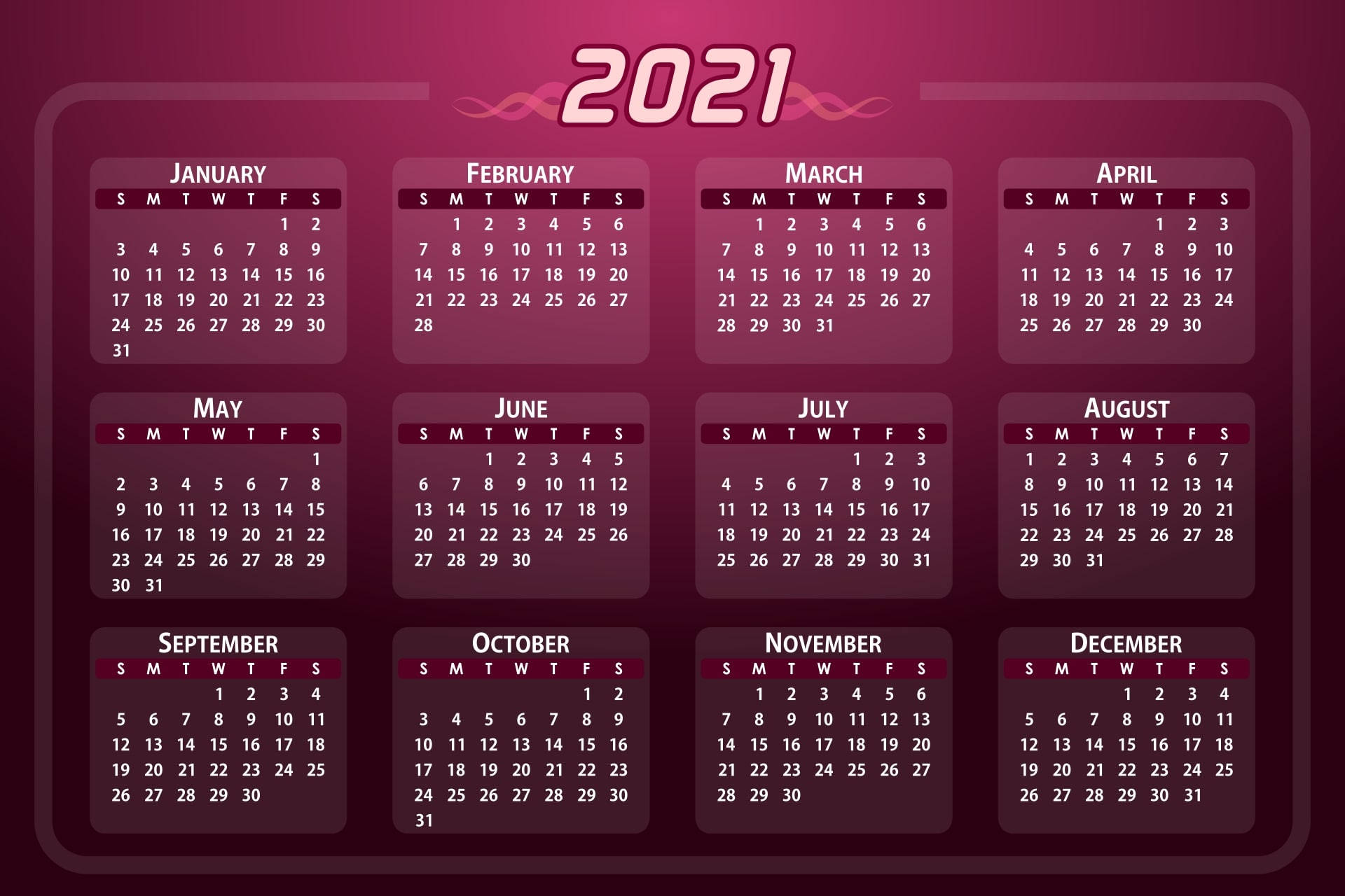 日曆 桌布 壁紙 — 時尚的2021年月曆，採用栗色漸變背景，白色文字排列成十二個月份面板的網格。