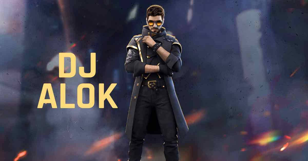 Free Fire DJ Alok Promotional Poster 壁紙 — 時尚的DJ Alok身穿深色外套和太陽眼鏡，自信地站在充滿活力、發光粒子的背景前。