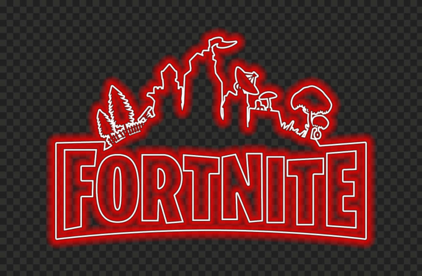 時尚的Fortnite標誌壁紙 壁紙 — 透明方格背景上帶有發光輪廓的霓虹紅色Fortnite標誌。