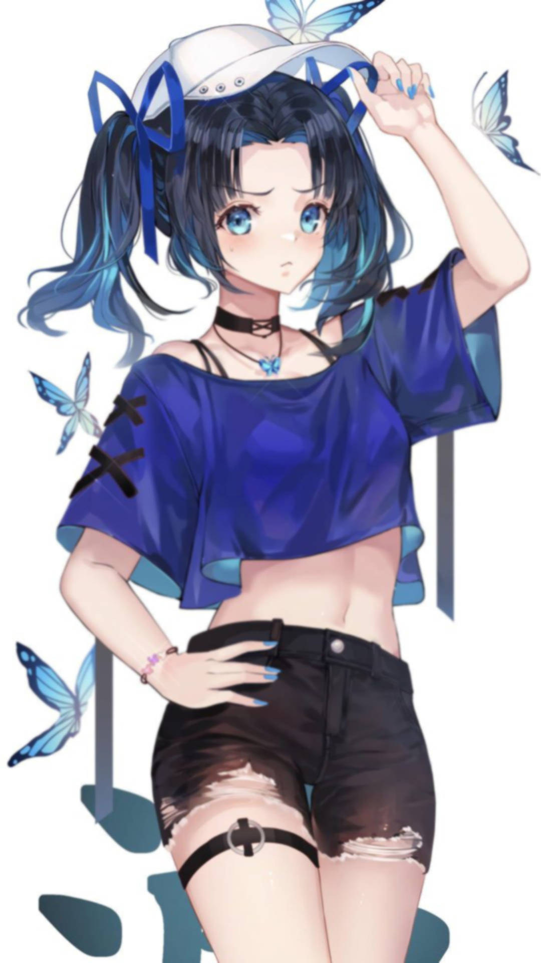 藍髮動漫女孩，蝴蝶圍繞，穿著休閒服裝。