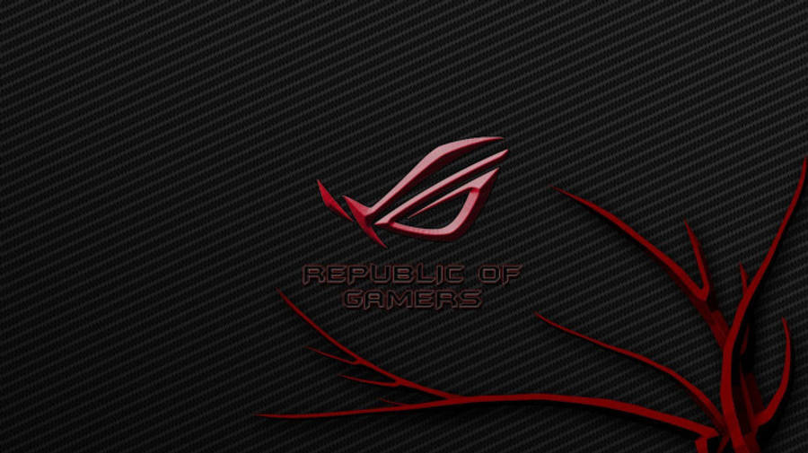 ASUS ROG 桌布 壁紙 — 時尚的紅色 ROG 標誌在帶有抽象紅色筆觸的紋理黑色碳纖維背景上發光。